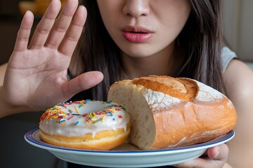 Gluten allergy, asian young woman hand push out, refusing to eat bread and donut or doughnut on plate in breakfast food meal.