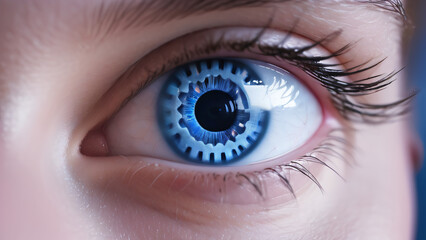 Fototapeta premium Close-up of a blue eye with a digital pattern in the iris, symbolizing technology and the future.