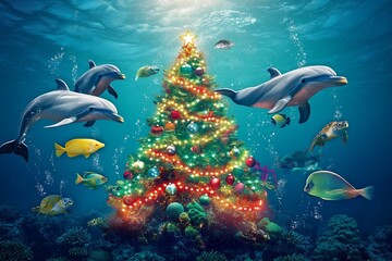 Fototapeta premium An underwater Christmas party with dolphins and sea turtles surrounding a coral reef decorated like a Christmas tree. Colorful fish swim through the glowing ornaments.