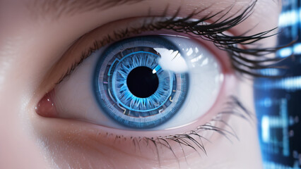 Fototapeta premium Close-up of a blue eye with a digital pattern in the iris, symbolizing technology and the future.