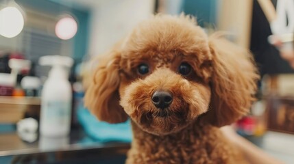 Poodle getting groomed at a pet salon, illustrating care and pampering