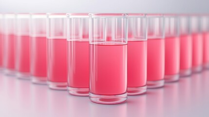 A row of pink drinks in clear glasses, arranged neatly on a white surface, perfect for summer events.