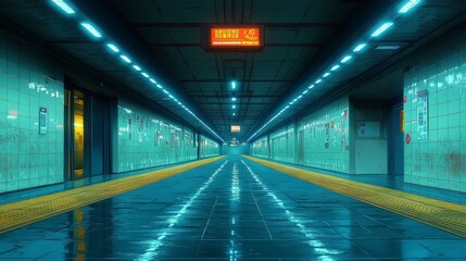 Fototapeta premium The modern high-speed railway station exit features a minimalist animation style and a spacious exit hall that captures the futuristic feel of a transportation hub