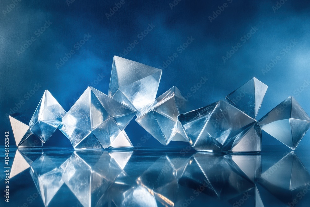 Poster geometric icy crystals shimmer with reflections against a rich blue background, creating a captivati