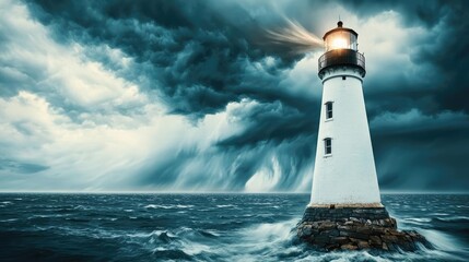 Obraz premium Lighthouse standing tall against dark stormy sky and turbulent sea.