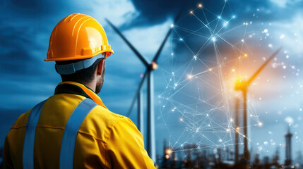 technician in safety gear observes offshore wind turbines against dramatic sky, symbolizing innovation and renewable energy. scene captures essence of modern technology and sustainability