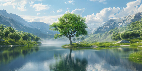 lake in the mountains, Solitary Tree in the Middle of a Lake, 