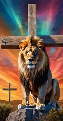 A majestic lion in front of christian cross against colorful sunset background, lion in christian concept art