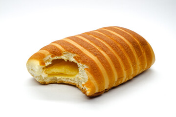 Bitten cheese filled bread roll isolated on white background