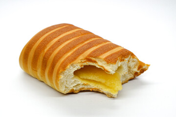 Bitten cheese filled bread roll isolated on white background