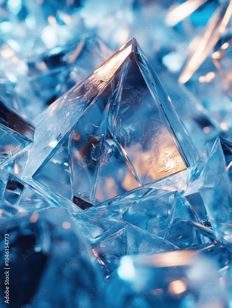 Leinwandbilder Intricate icy crystals sparkle and reflect light, creating a mesmerizing array of abstract shapes against a serene blue backdrop. Generative AI