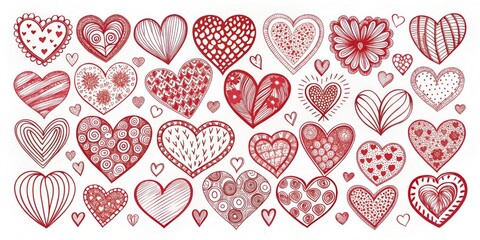 A Collection of Hand-Drawn Hearts with Varied Patterns and Designs, Perfect for Romantic Occasions or as Decorative Elements