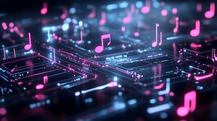 Vibrant neon digital music visualization with rhythm and pulse showcasing a futuristic and dynamic abstract background with flowing lines symbols