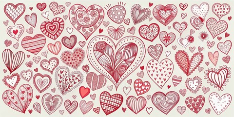 A whimsical collection of hand-drawn red hearts with intricate patterns and designs, each showcasing unique textures and styles.