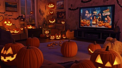 Obraz premium Embrace the spirit of Halloween with eerie pumpkin decorations, spooky-themed cakes, and glowing jack-o'-lanterns. These festive essentials bring a touch of magic, thrill to the Halloween celebration.