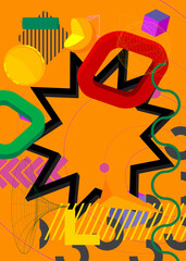 Busy geometrical graphic retro theme cover. Minimal geometric elements poster design. Vintage abstract shapes template for poster banner.