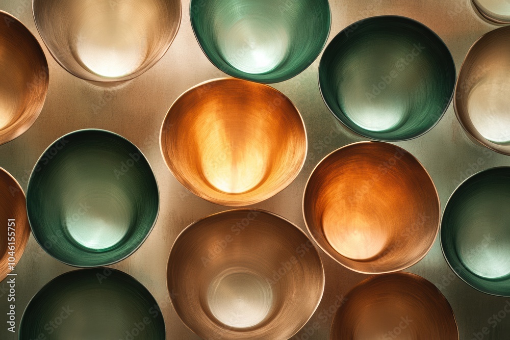 Poster warm brown and green tea cups are arranged in a circular pattern, inviting a serene afternoon tea ex