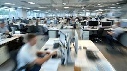 Dynamic and Busy Corporate Office Environment with Blurred Motion of Employees Working at Desks Showing the Hustle and Bustle of a Productive Workplace Focused on Professional Success