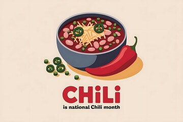 Celebrate National Chili Month with spicy chili bowl and peppers illustration


