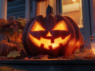 Obraz premium Embrace the spirit of Halloween with eerie pumpkin decorations, spooky-themed cakes, and glowing jack-o'-lanterns. These festive essentials bring a touch of magic, thrill to the Halloween celebration.