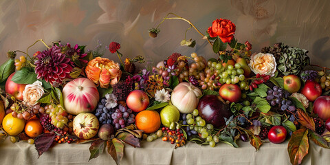 a group of fruits and flowers, Fresh Fruits and Colorful Flowers Arrangement, 