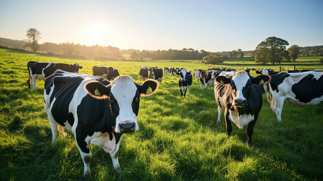 herd of black and white cows grazing in lush green field under bright sky. serene landscape captures essence of rural life and beauty of nature