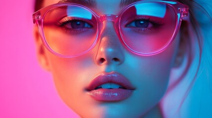 Obraz premium Close-up portrait of a woman with glowing pink sunglasses