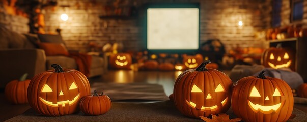 Obraz premium Embrace the spirit of Halloween with eerie pumpkin decorations, spooky-themed cakes, and glowing jack-o'-lanterns. These festive essentials bring a touch of magic, thrill to the Halloween celebration.