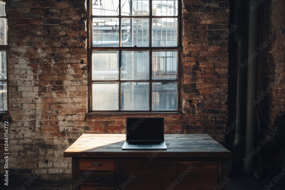 Poster A sleek laptop is placed on a wooden desk in a cozy room featuring rustic brick walls and large windows that brighten the space. Generative AI