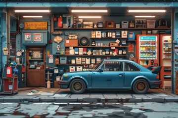 A blue sports car parked in front of a garage with shelves of tools and a vending machine.