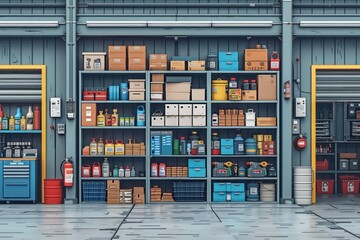 Obraz premium An industrial warehouse interior with shelves stocked with various products and supplies.