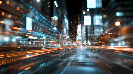 Obraz premium Vibrant blurred cityscape with towering skyscrapers and high speed traffic at night creating a dynamic and futuristic urban landscape