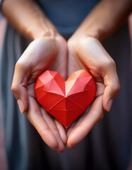 Obraz premium Two female hands holding red polygonal paper heart shape 