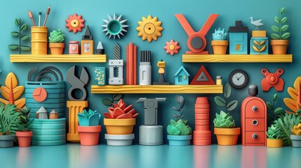 Colorful 3D objects and potted plants on wooden shelves against a blue background.