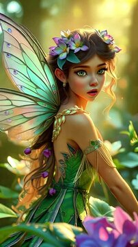 closeup video of a beautiful winged fairy sitting in the middle of a green forest