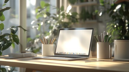 Fototapeta premium Cozy and productive minimalist office workspace with laptop computer office supplies and natural greenery accents by a bright window Peaceful and inspiring home work environment for freelancing
