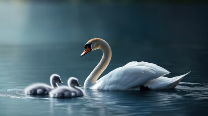Fototapeta premium a swan swimming with two cygnets in tranquil blue water