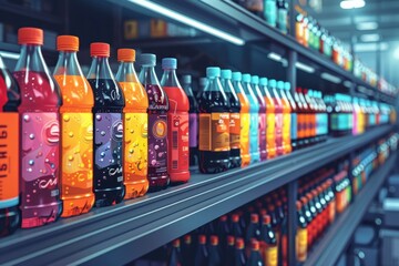 A close-up shot of a supermarket shelf stocked with rows of colorful, plastic bottles of soda.