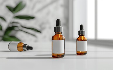 Amber Glass Dropper Bottle Mockup - Floating Laboratory Style Bottles with Blank Labels