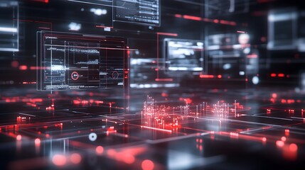 Fototapeta premium Futuristic digital technology abstract circuit hud interface with dynamic neon glowing lines data and code visualization Cyber digital design concept of innovation science and technology