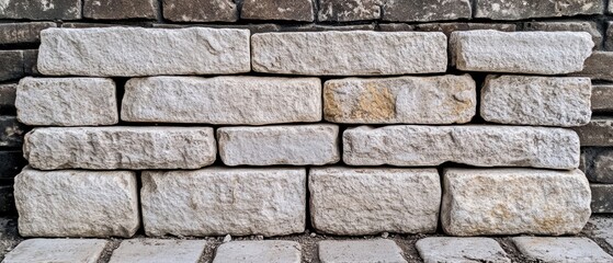 Fototapeta premium Textured white stone wall, layered for structural design. Ideal background for construction or architecture themes.