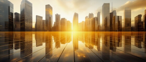 Obraz premium Sunrise view of a city skyline with reflections on the water, creating a serene and vibrant atmosphere.