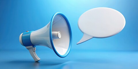 A blue and white megaphone points towards a blank speech bubble on a blue background.