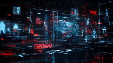 Obraz premium Futuristic holographic data visualization interface displaying digital information and analytics in a cyberpunk inspired virtual environment with glowing neon lights wireframes