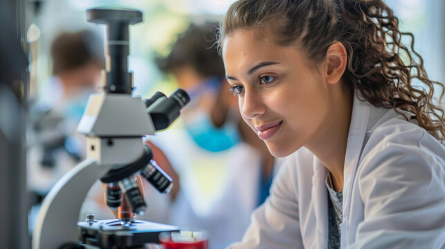 Young woman analyzing human brain microscope slide under microscope while sitting with scientists in background at laboratory