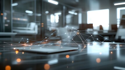 Futuristic digital connectivity and network visualization in a modern technology driven workspace  Depicts abstract interconnected data and information flow symbolizing intelligence