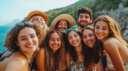 Obraz premium Friends posing for a photo during a trip, smiling and looking relaxed