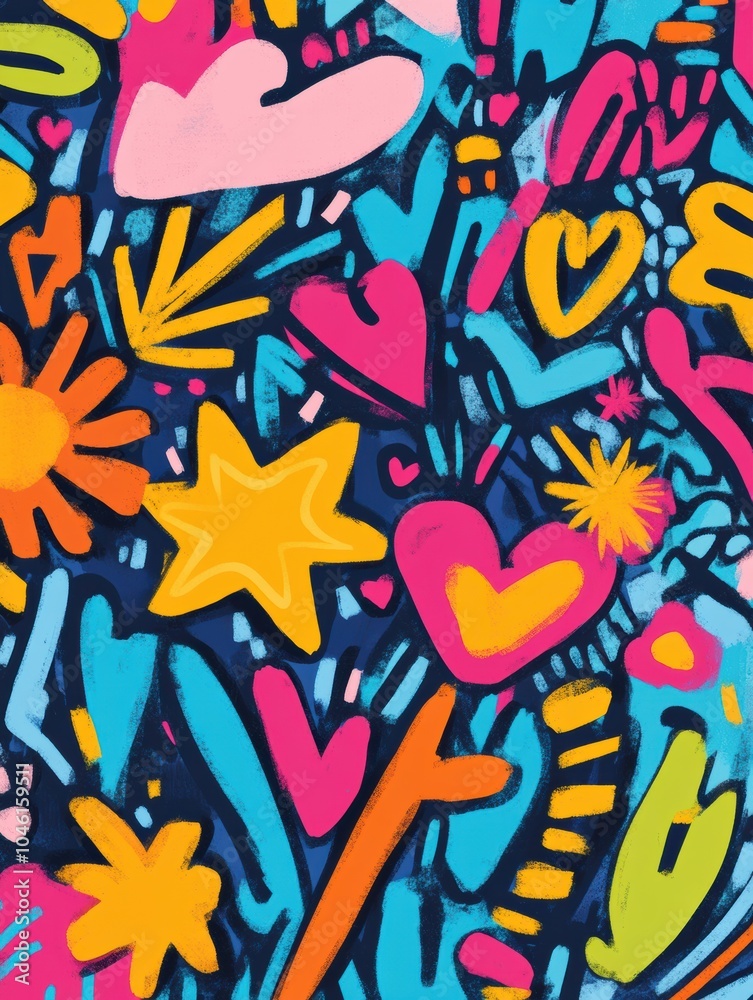 Poster Bright doodles combine hearts, stars, and arrows in a lively pattern, showcasing a playful and artistic expression of color and fun. Generative AI