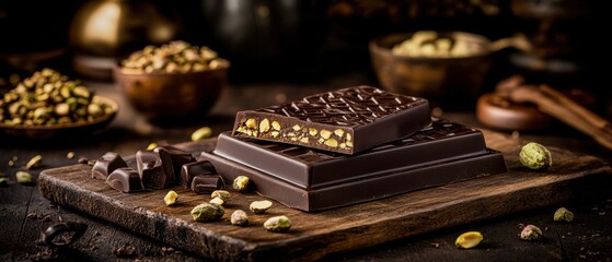 Delicious chocolate bar with nuts on rustic wooden table surrounded by various nuts.