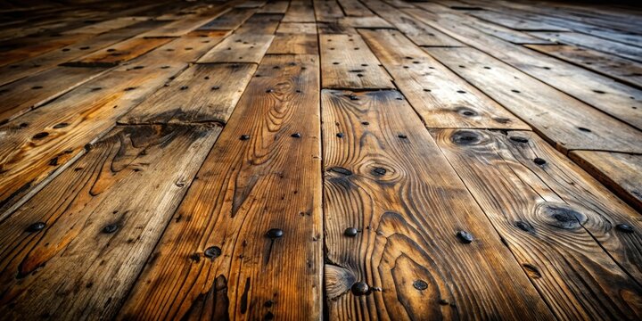 A low angle view of weathered wooden planks laid in a parallel pattern, featuring natural wood grain, knots, and black nail heads, creating a rustic and textured backdrop.